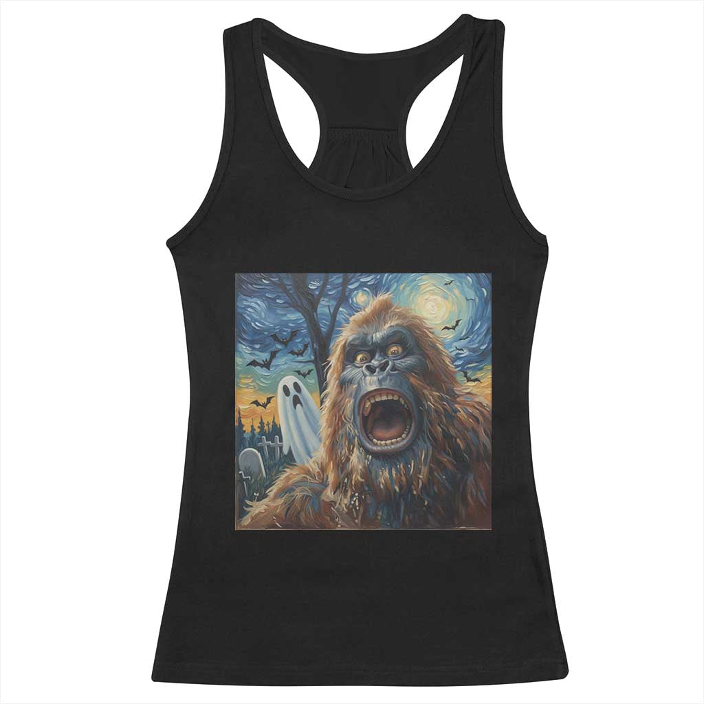 Funny Halloween Racerback Tank Top Bigfoot Selfie With Ghost Starry Night Art TS12 Black Print Your Wear