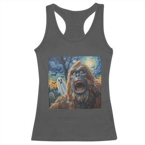 Funny Halloween Racerback Tank Top Bigfoot Selfie With Ghost Starry Night Art TS12 Dark Heather Print Your Wear