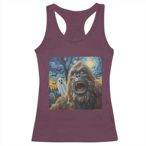 Funny Halloween Racerback Tank Top Bigfoot Selfie With Ghost Starry Night Art TS12 Maroon Print Your Wear