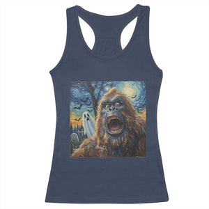 Funny Halloween Racerback Tank Top Bigfoot Selfie With Ghost Starry Night Art TS12 Navy Print Your Wear