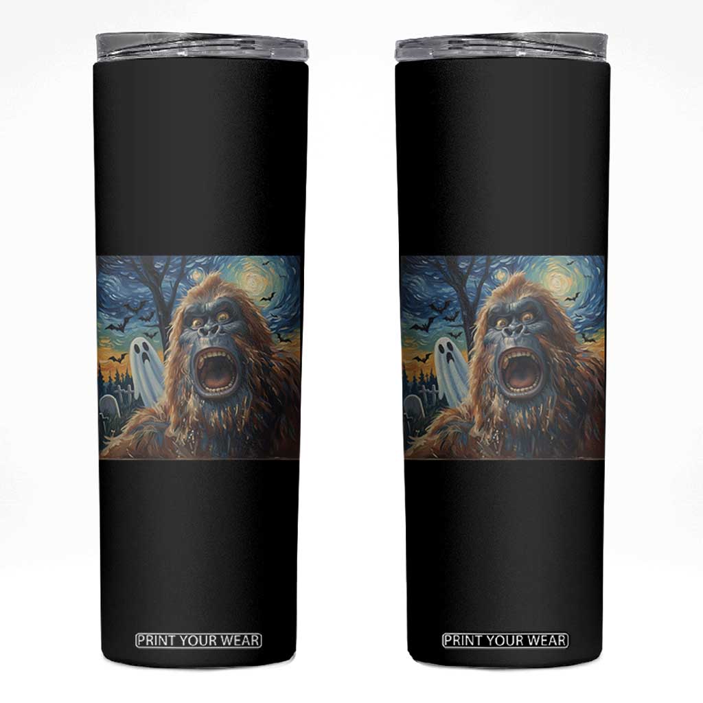 Funny Halloween Skinny Tumbler Bigfoot Selfie With Ghost Starry Night Art TS12 Black Print Your Wear