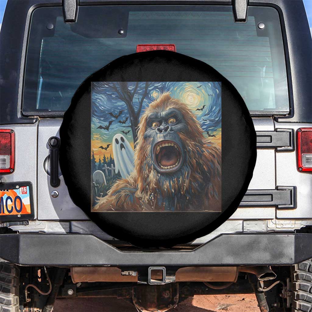 Funny Halloween Spare Tire Cover Bigfoot Selfie With Ghost Starry Night Art TS12 No hole Black Print Your Wear