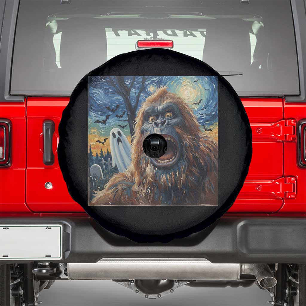 Funny Halloween Spare Tire Cover Bigfoot Selfie With Ghost Starry Night Art TS12 Black Print Your Wear