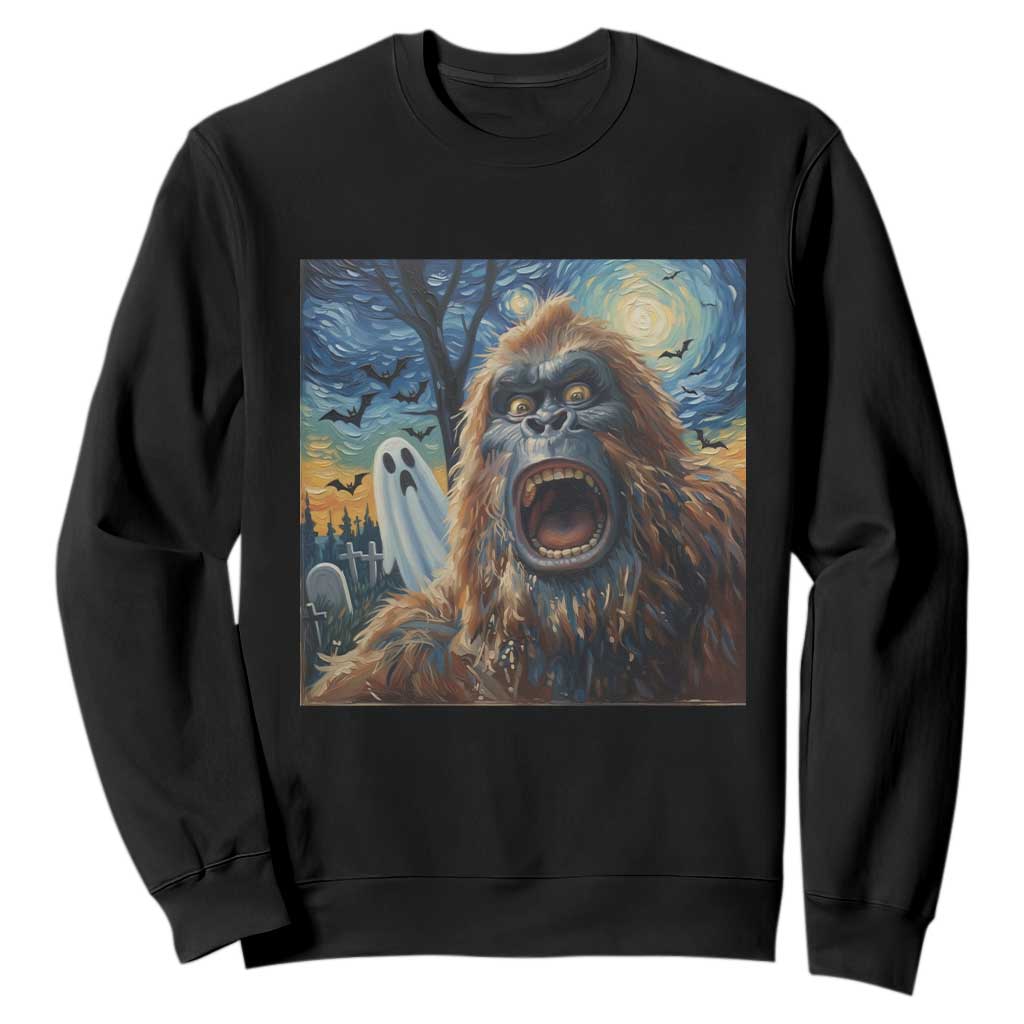 Funny Halloween Sweatshirt Bigfoot Selfie With Ghost Starry Night Art TS12 Black Print Your Wear