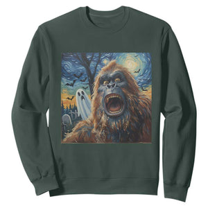 Funny Halloween Sweatshirt Bigfoot Selfie With Ghost Starry Night Art TS12 Dark Forest Green Print Your Wear