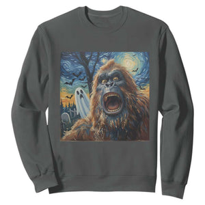 Funny Halloween Sweatshirt Bigfoot Selfie With Ghost Starry Night Art TS12 Dark Heather Print Your Wear