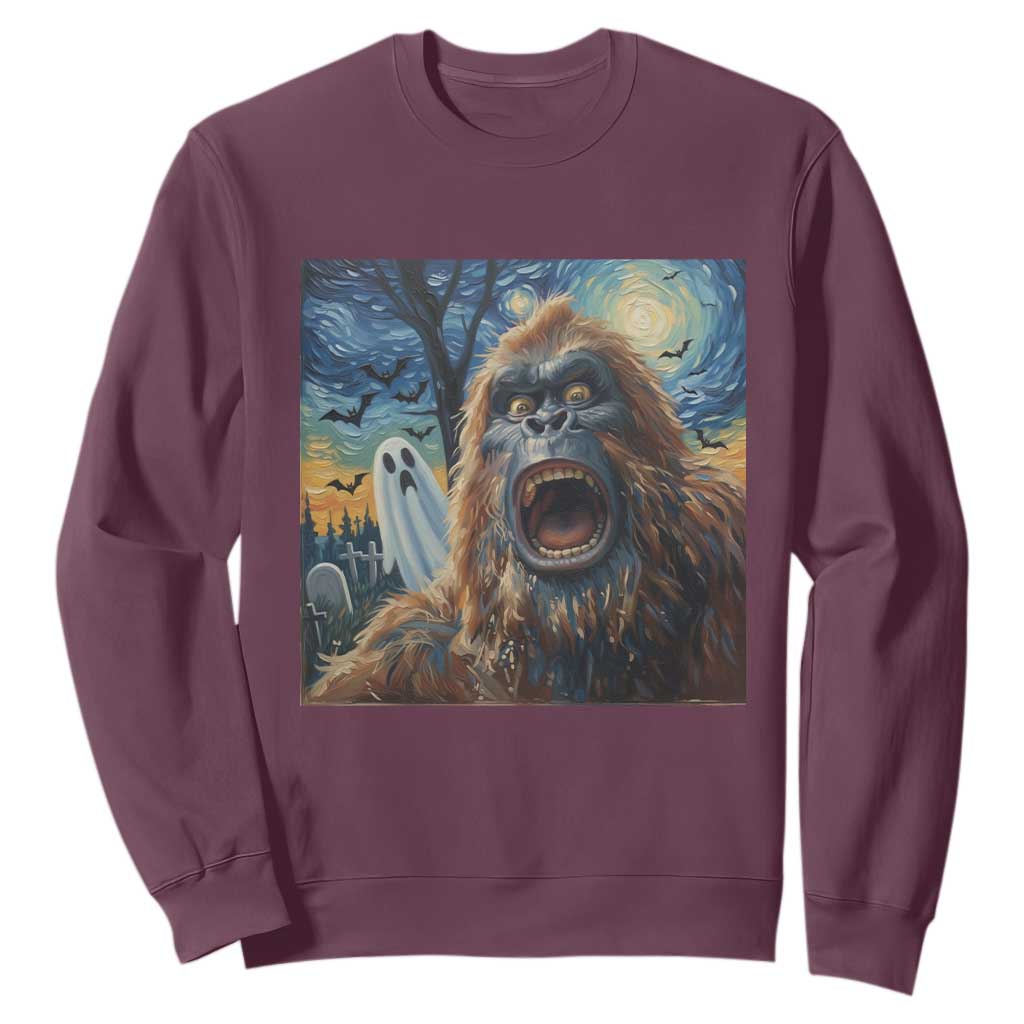 Funny Halloween Sweatshirt Bigfoot Selfie With Ghost Starry Night Art TS12 Maroon Print Your Wear