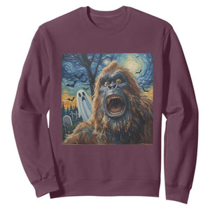 Funny Halloween Sweatshirt Bigfoot Selfie With Ghost Starry Night Art TS12 Maroon Print Your Wear