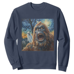 Funny Halloween Sweatshirt Bigfoot Selfie With Ghost Starry Night Art TS12 Navy Print Your Wear