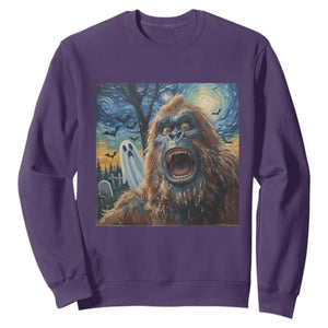 Funny Halloween Sweatshirt Bigfoot Selfie With Ghost Starry Night Art TS12 Purple Print Your Wear