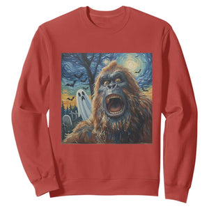 Funny Halloween Sweatshirt Bigfoot Selfie With Ghost Starry Night Art TS12 Red Print Your Wear