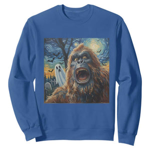 Funny Halloween Sweatshirt Bigfoot Selfie With Ghost Starry Night Art TS12 Royal Blue Print Your Wear