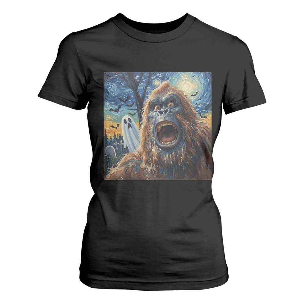 Funny Halloween T Shirt For Women Bigfoot Selfie With Ghost Starry Night Art TS12 Black Print Your Wear