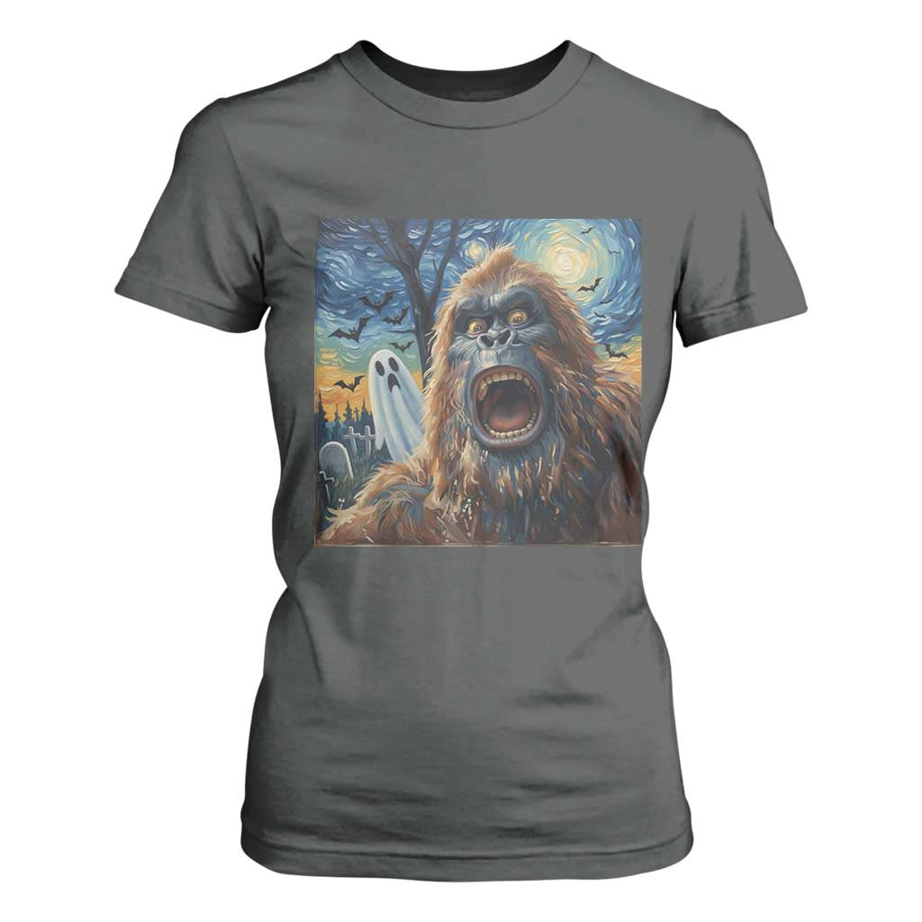 Funny Halloween T Shirt For Women Bigfoot Selfie With Ghost Starry Night Art TS12 Dark Heather Print Your Wear