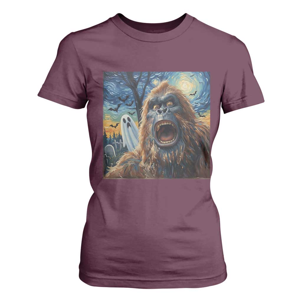 Funny Halloween T Shirt For Women Bigfoot Selfie With Ghost Starry Night Art TS12 Maroon Print Your Wear