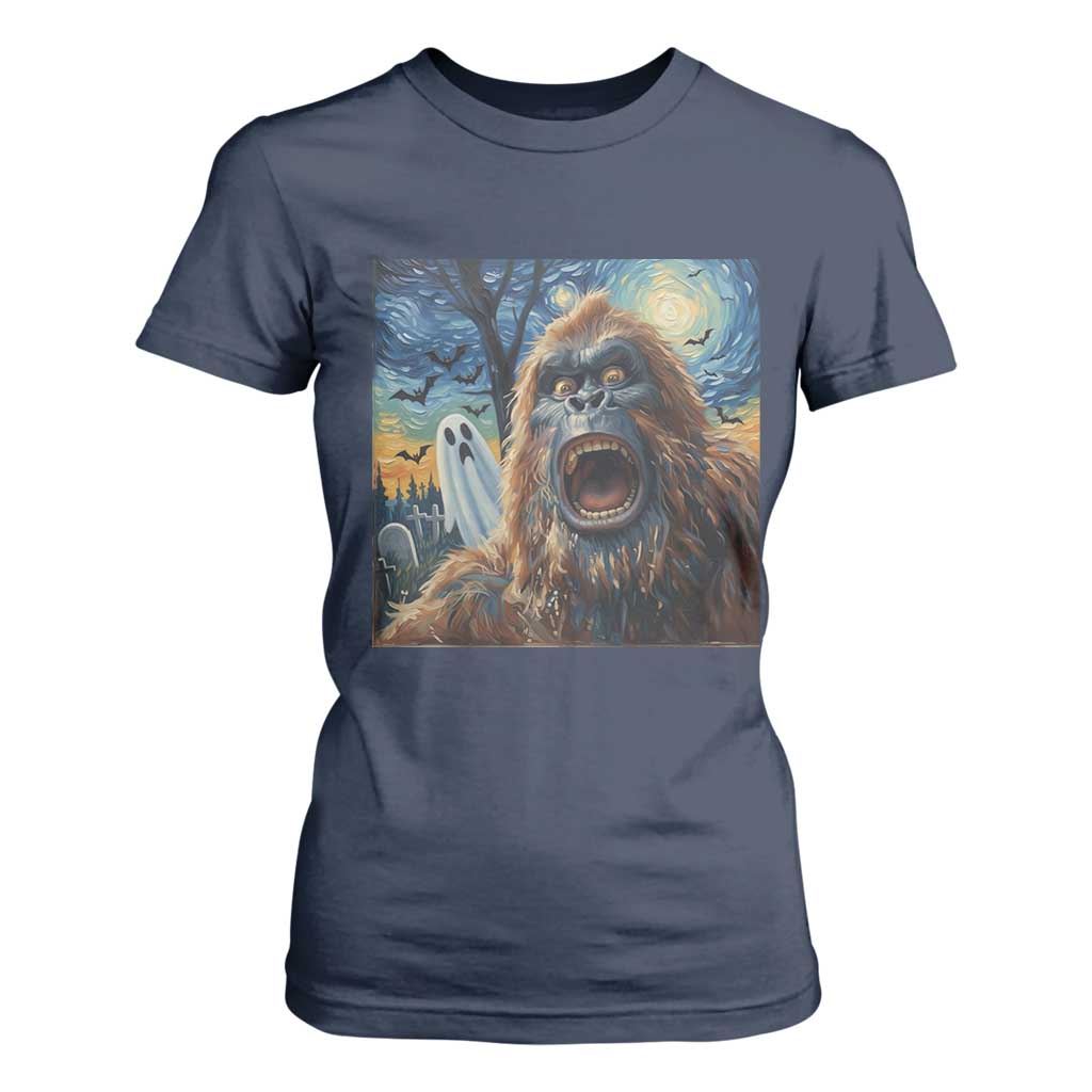 Funny Halloween T Shirt For Women Bigfoot Selfie With Ghost Starry Night Art TS12 Navy Print Your Wear