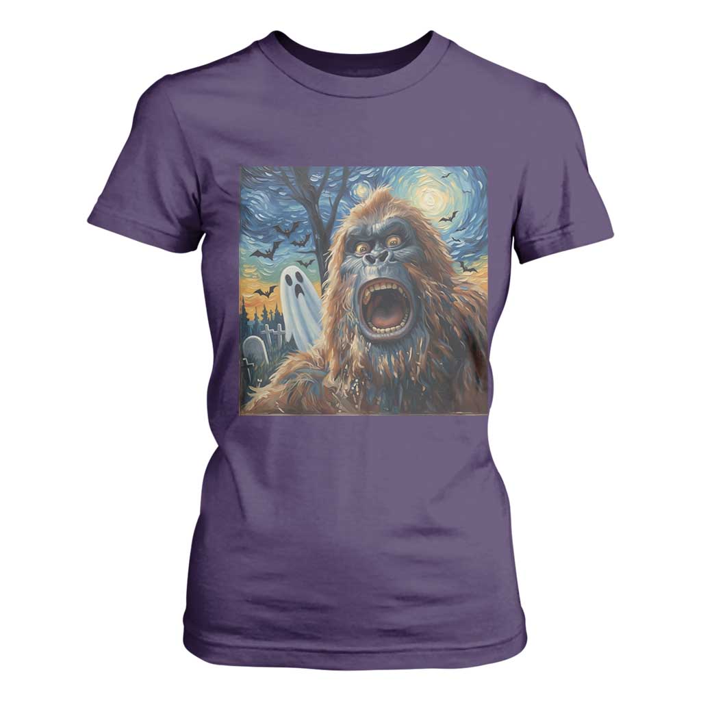 Funny Halloween T Shirt For Women Bigfoot Selfie With Ghost Starry Night Art TS12 Purple Print Your Wear