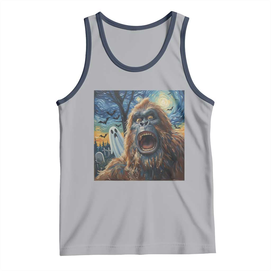 Funny Halloween Tank Top Bigfoot Selfie With Ghost Starry Night Art TS12 Athletic Heather Navy Print Your Wear