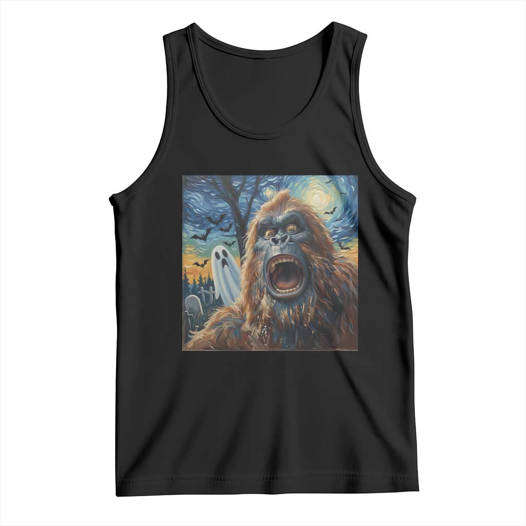 Funny Halloween Tank Top Bigfoot Selfie With Ghost Starry Night Art TS12 Black Print Your Wear