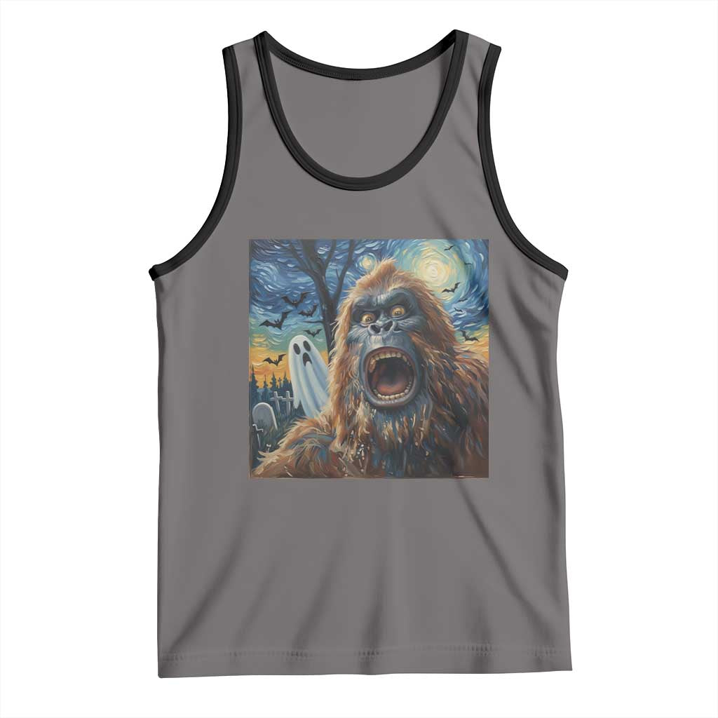 Funny Halloween Tank Top Bigfoot Selfie With Ghost Starry Night Art TS12 Deep Heather Black Print Your Wear