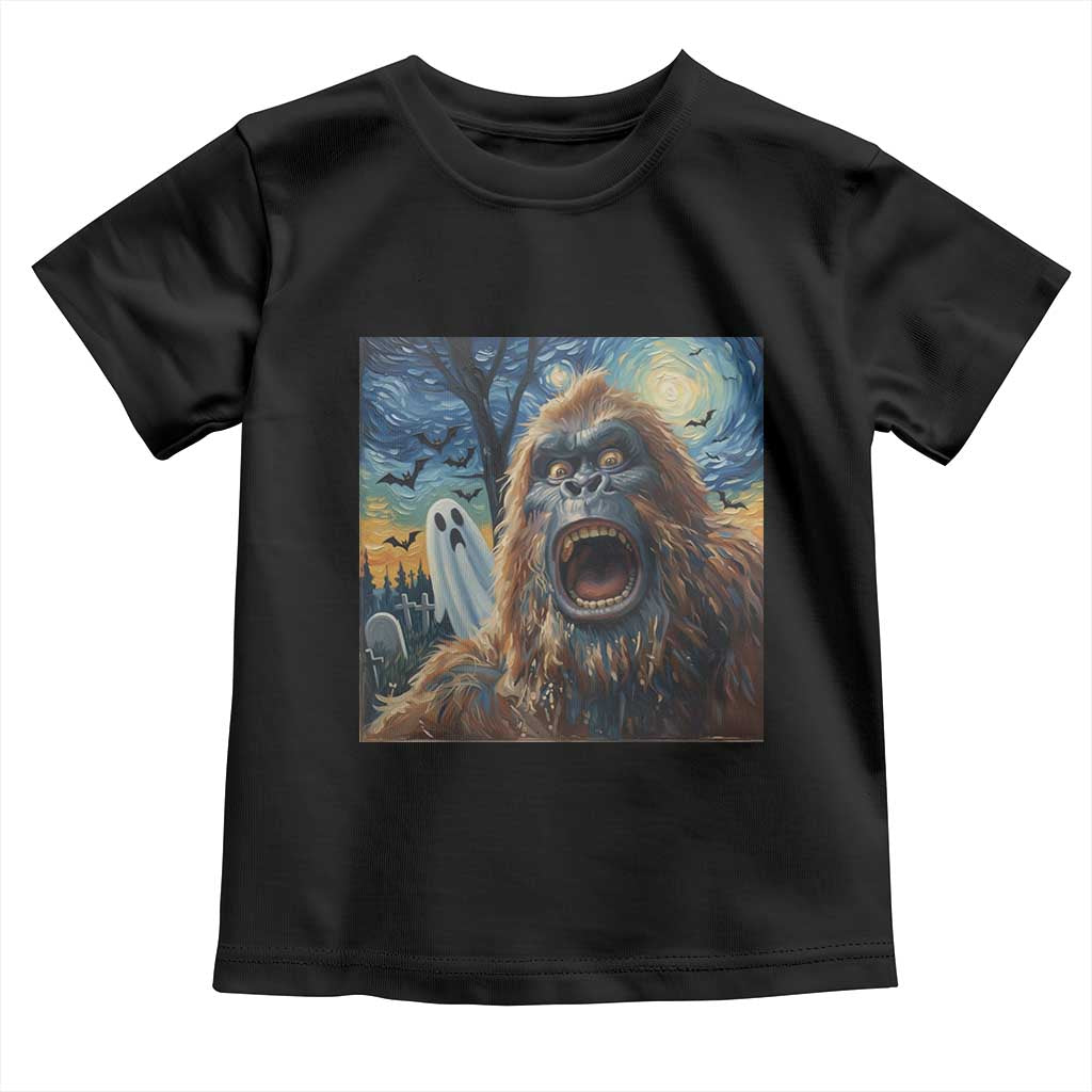 Funny Halloween Toddler T Shirt Bigfoot Selfie With Ghost Starry Night Art TS12 Black Print Your Wear
