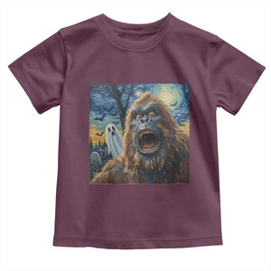 Funny Halloween Toddler T Shirt Bigfoot Selfie With Ghost Starry Night Art TS12 Maroon Print Your Wear