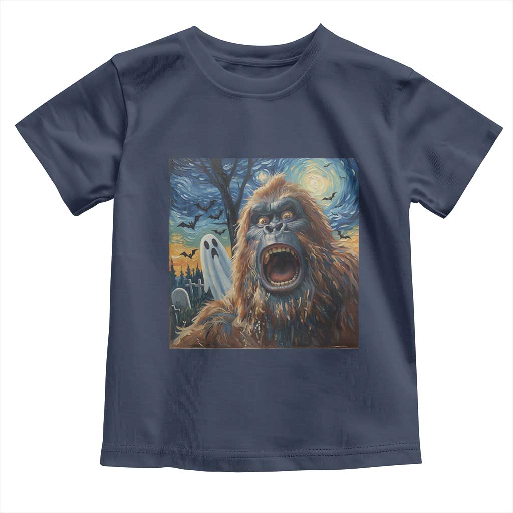 Funny Halloween Toddler T Shirt Bigfoot Selfie With Ghost Starry Night Art TS12 Navy Print Your Wear