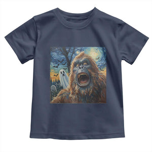 Funny Halloween Toddler T Shirt Bigfoot Selfie With Ghost Starry Night Art TS12 Navy Print Your Wear
