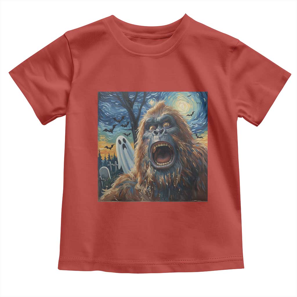 Funny Halloween Toddler T Shirt Bigfoot Selfie With Ghost Starry Night Art TS12 Red Print Your Wear