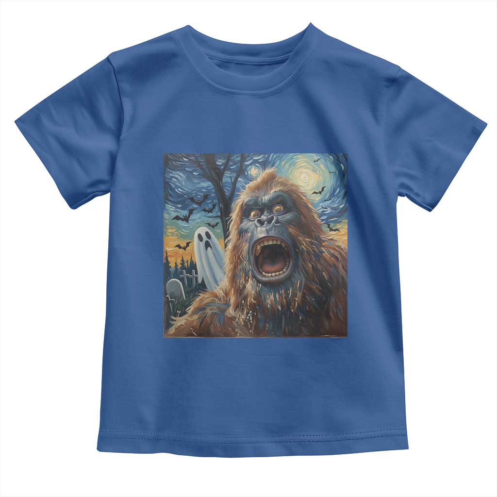 Funny Halloween Toddler T Shirt Bigfoot Selfie With Ghost Starry Night Art TS12 Royal Blue Print Your Wear