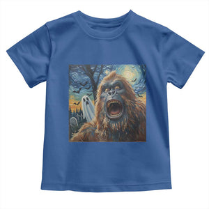 Funny Halloween Toddler T Shirt Bigfoot Selfie With Ghost Starry Night Art TS12 Royal Blue Print Your Wear