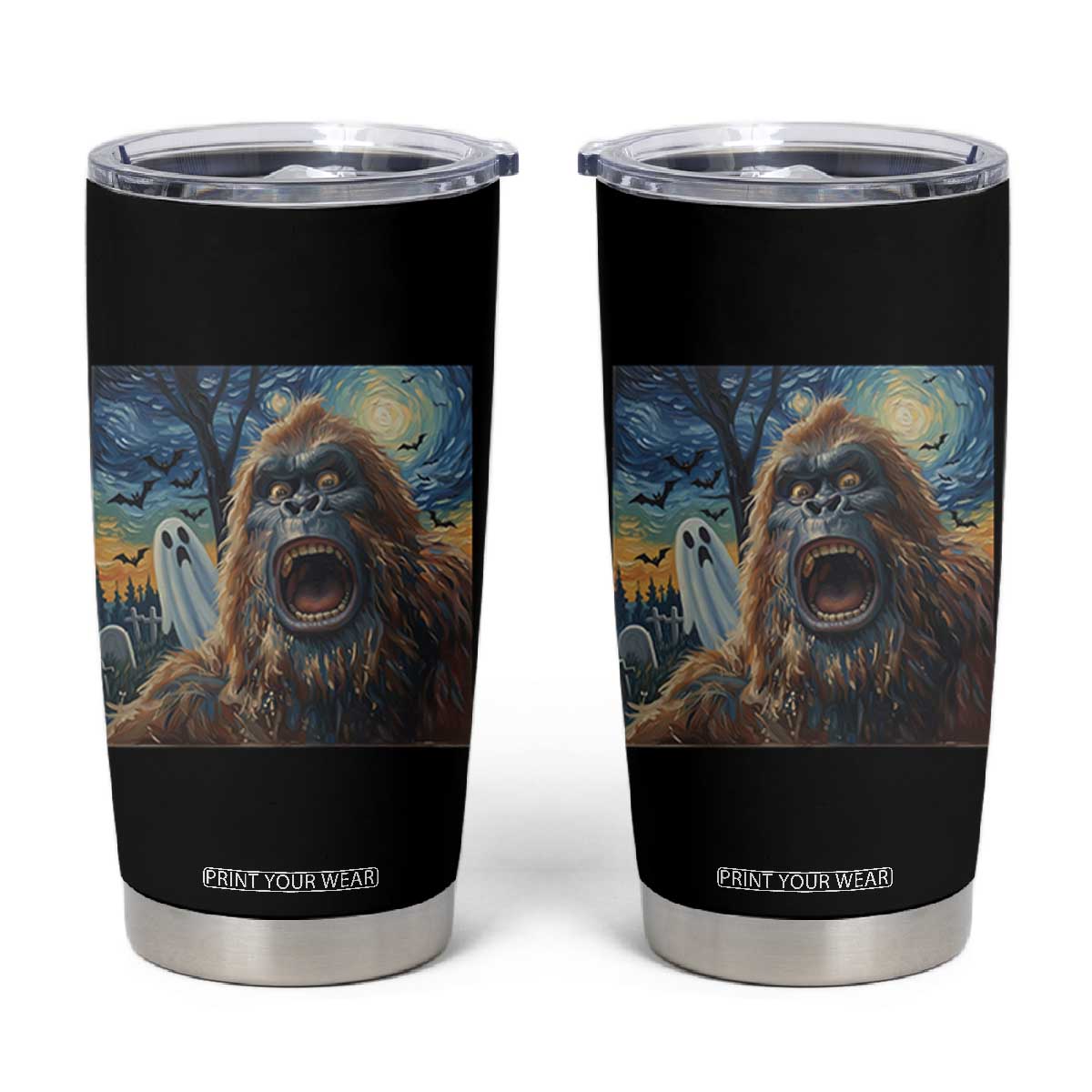 Funny Halloween Tumbler Cup Bigfoot Selfie With Ghost Starry Night Art TS12 Black Print Your Wear