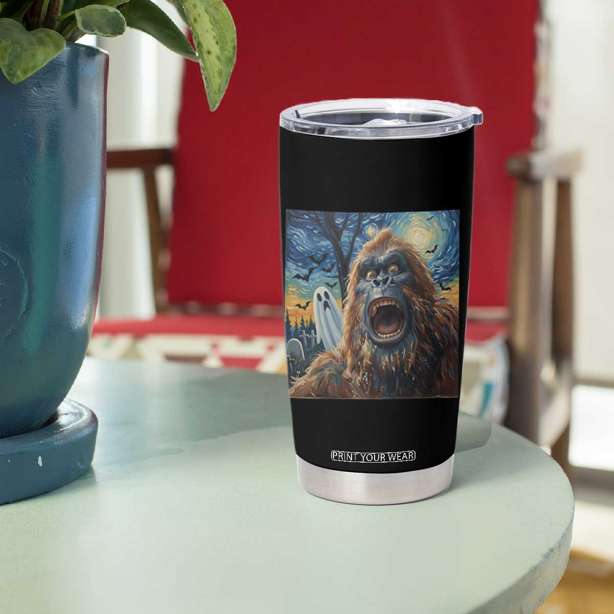 Funny Halloween Tumbler Cup Bigfoot Selfie With Ghost Starry Night Art TS12 Print Your Wear