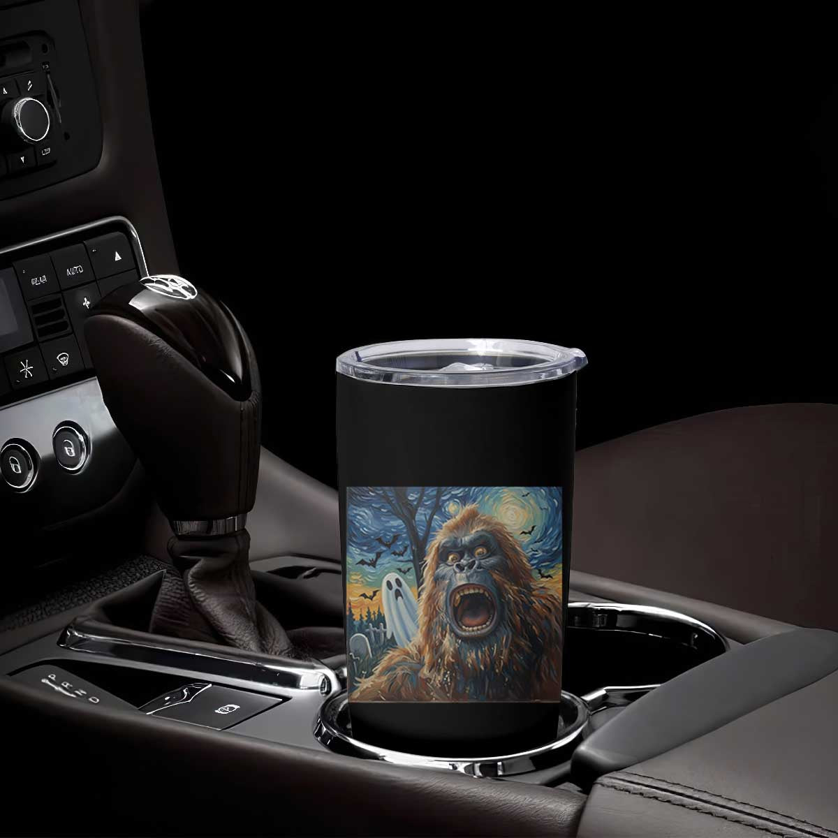 Funny Halloween Tumbler Cup Bigfoot Selfie With Ghost Starry Night Art TS12 Print Your Wear