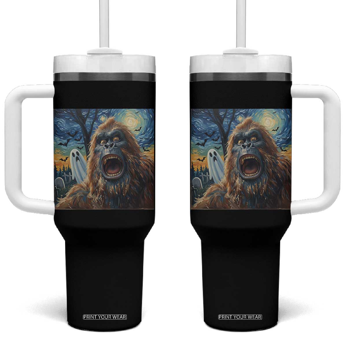 Funny Halloween Tumbler With Handle Bigfoot Selfie With Ghost Starry Night Art TS12 One Size: 40 oz Black Print Your Wear
