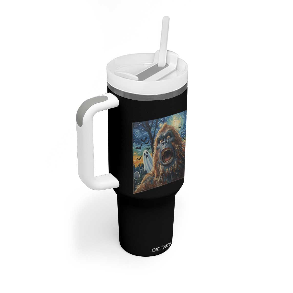 Funny Halloween Tumbler With Handle Bigfoot Selfie With Ghost Starry Night Art TS12 Print Your Wear