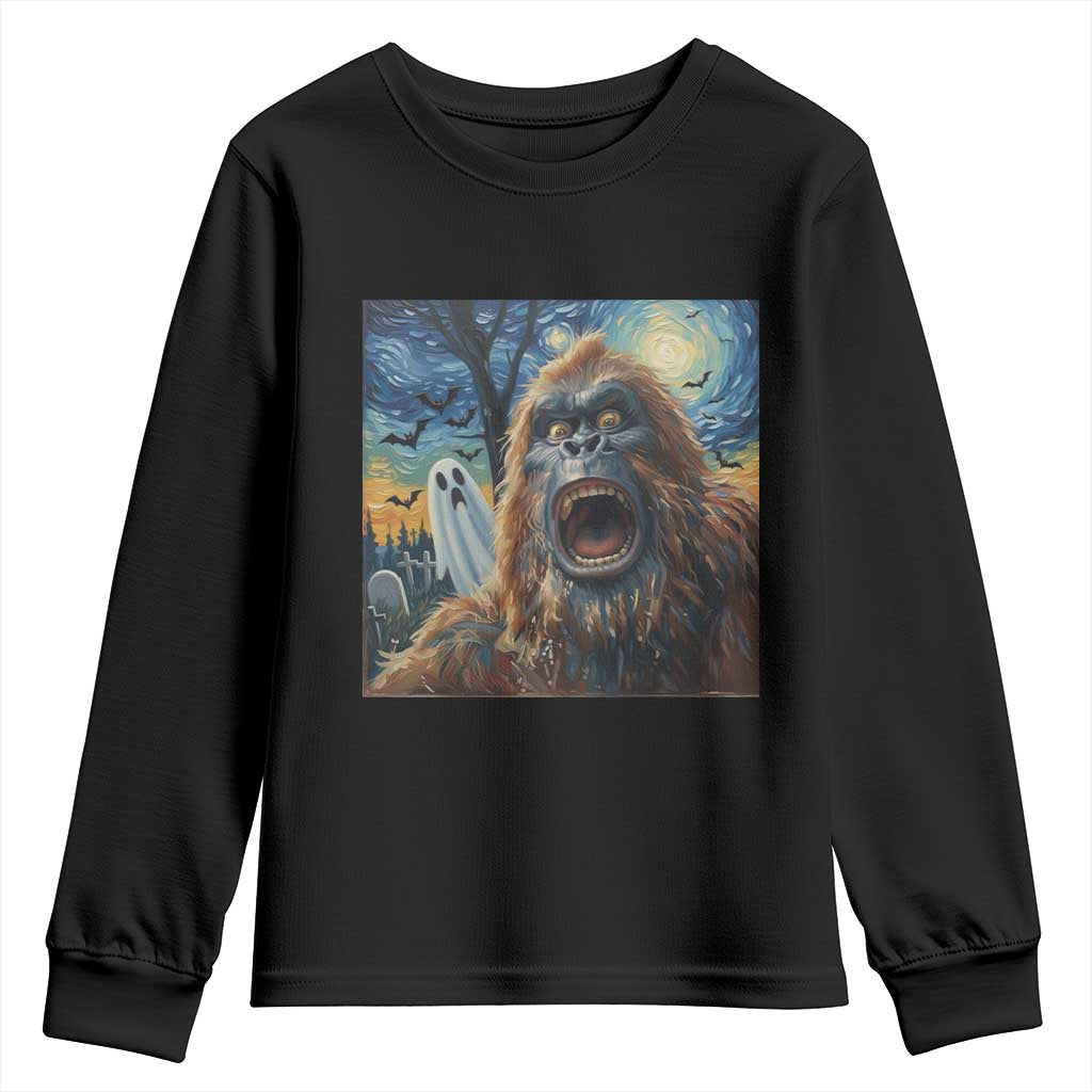 Funny Halloween Youth Sweatshirt Bigfoot Selfie With Ghost Starry Night Art TS12 Black Print Your Wear