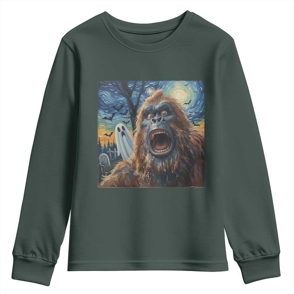 Funny Halloween Youth Sweatshirt Bigfoot Selfie With Ghost Starry Night Art TS12 Dark Forest Green Print Your Wear