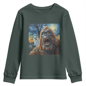 Funny Halloween Youth Sweatshirt Bigfoot Selfie With Ghost Starry Night Art TS12 Dark Forest Green Print Your Wear