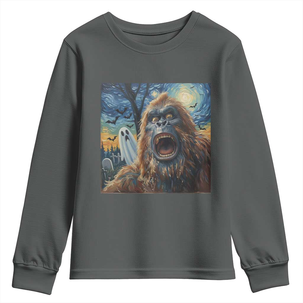 Funny Halloween Youth Sweatshirt Bigfoot Selfie With Ghost Starry Night Art TS12 Dark Heather Print Your Wear