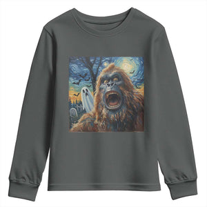 Funny Halloween Youth Sweatshirt Bigfoot Selfie With Ghost Starry Night Art TS12 Dark Heather Print Your Wear