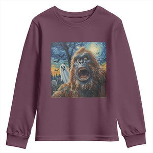 Funny Halloween Youth Sweatshirt Bigfoot Selfie With Ghost Starry Night Art TS12 Maroon Print Your Wear