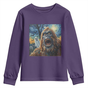 Funny Halloween Youth Sweatshirt Bigfoot Selfie With Ghost Starry Night Art TS12 Purple Print Your Wear