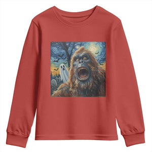 Funny Halloween Youth Sweatshirt Bigfoot Selfie With Ghost Starry Night Art TS12 Red Print Your Wear
