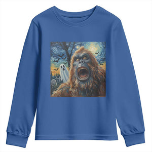 Funny Halloween Youth Sweatshirt Bigfoot Selfie With Ghost Starry Night Art TS12 Royal Blue Print Your Wear