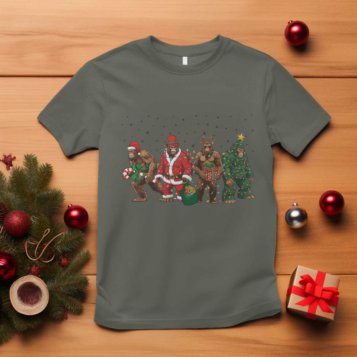 Bigfoot Christmas Cosplay T Shirt Funny Holiday Gift TS12 Military Green Print Your Wear
