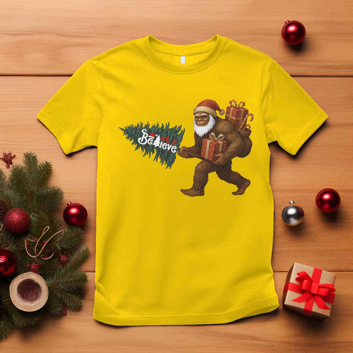 Believe Bigfoot Christmas T Shirt Sasquatch Holiday Gift TS12 Daisy Print Your Wear