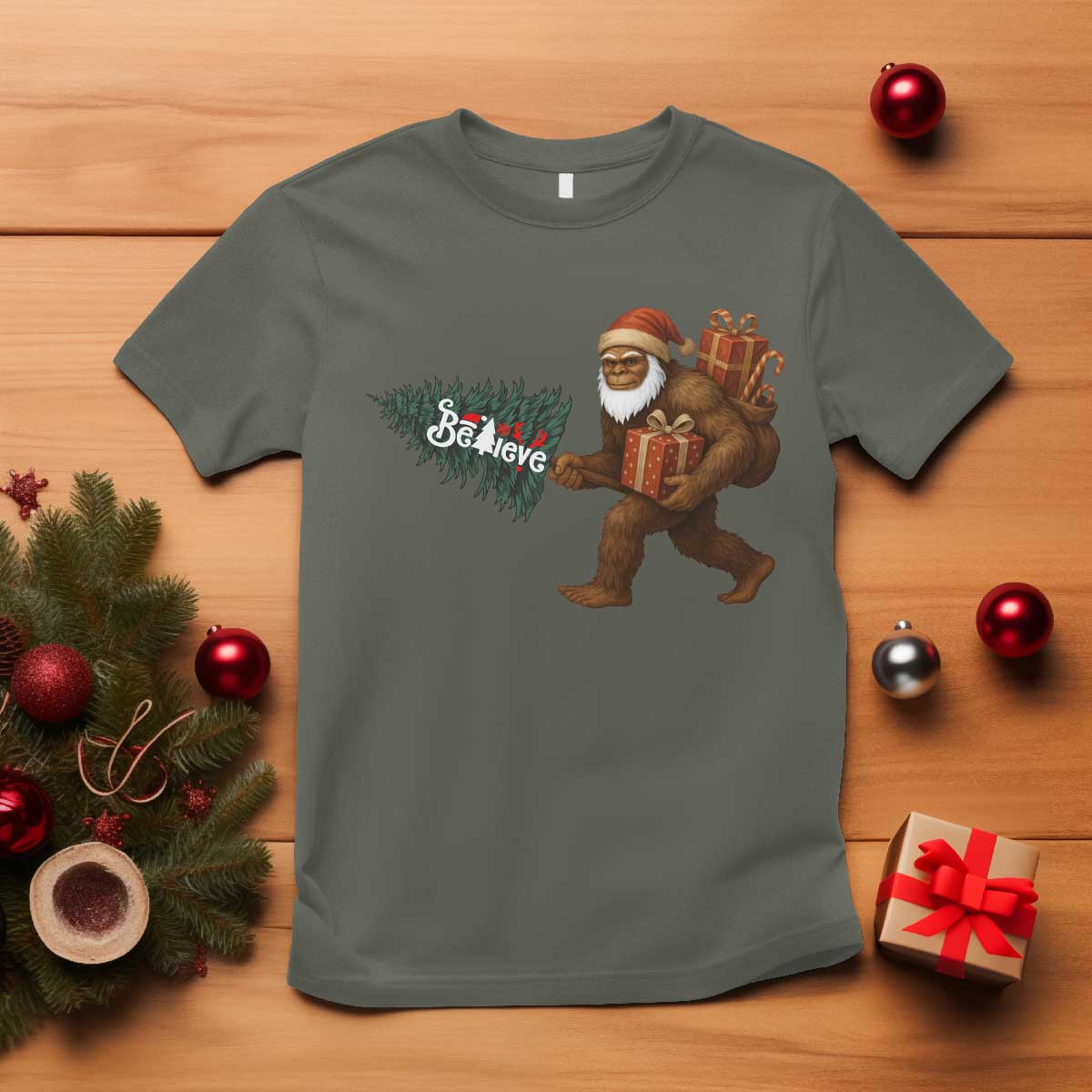 Believe Bigfoot Christmas T Shirt Sasquatch Holiday Gift TS12 Military Green Print Your Wear