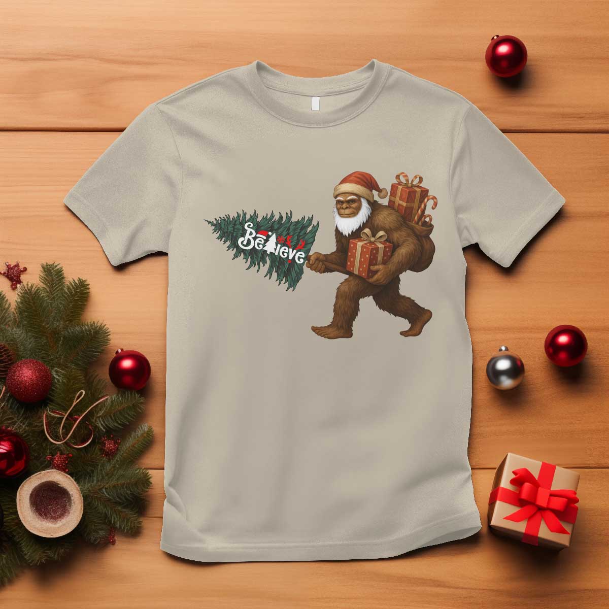 Believe Bigfoot Christmas T Shirt Sasquatch Holiday Gift TS12 Sand Print Your Wear