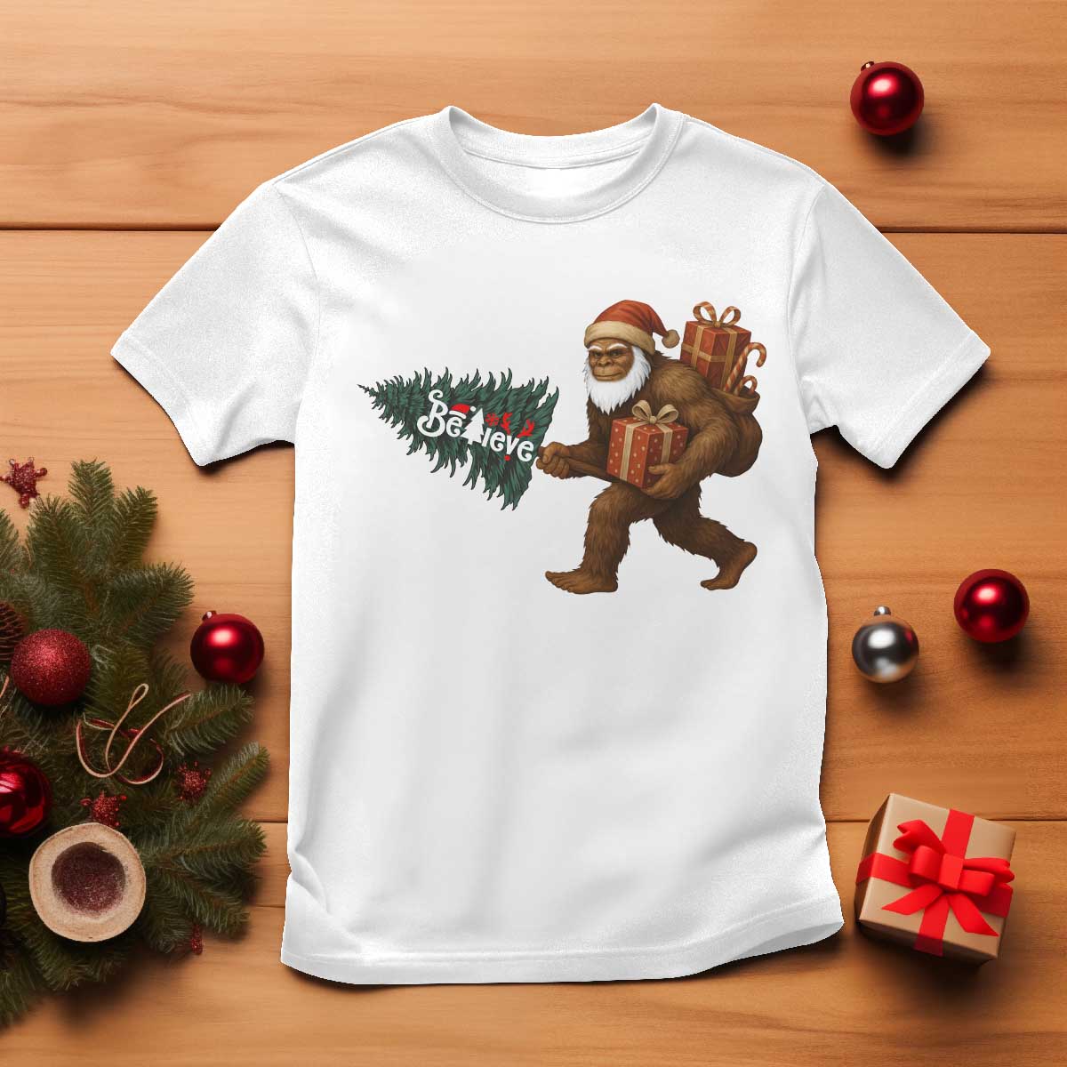 Believe Bigfoot Christmas T Shirt Sasquatch Holiday Gift TS12 White Print Your Wear